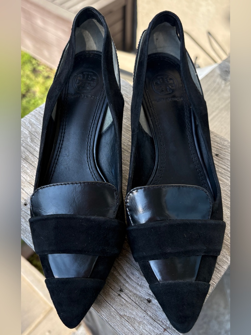 Tory Burch Lancaster Mixed Media Pointed Toe Suede Leather Black Pumps Size 5.5W